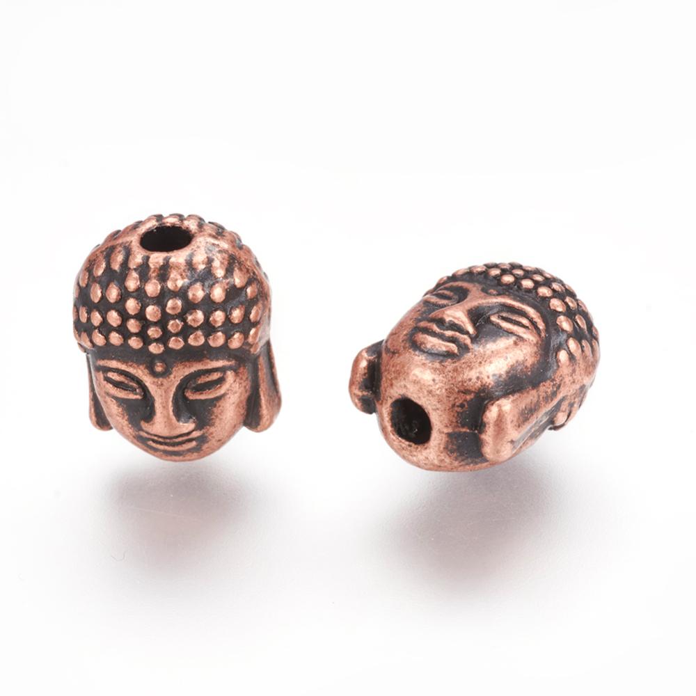 2 tibetische Buddha Perlen in Kupferoptik 10 x 9 x 8 mm - Metallperlen für Mala-Ketten & Schmuckdesign