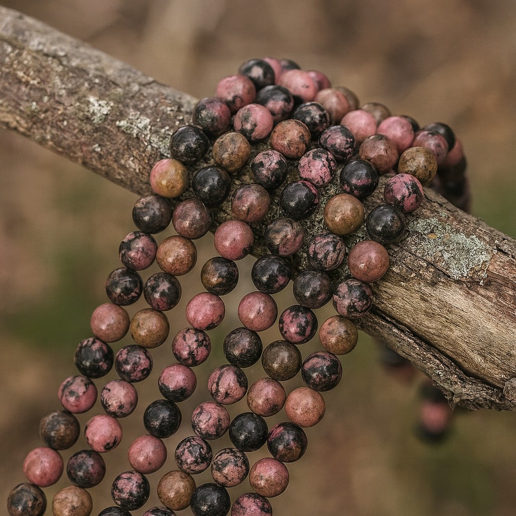 Natürlicher Rhodonit Perlenstrang 8 mm rund glatt glänzend (ca. 45 Perlen / ca. 38,5 cm Länge)