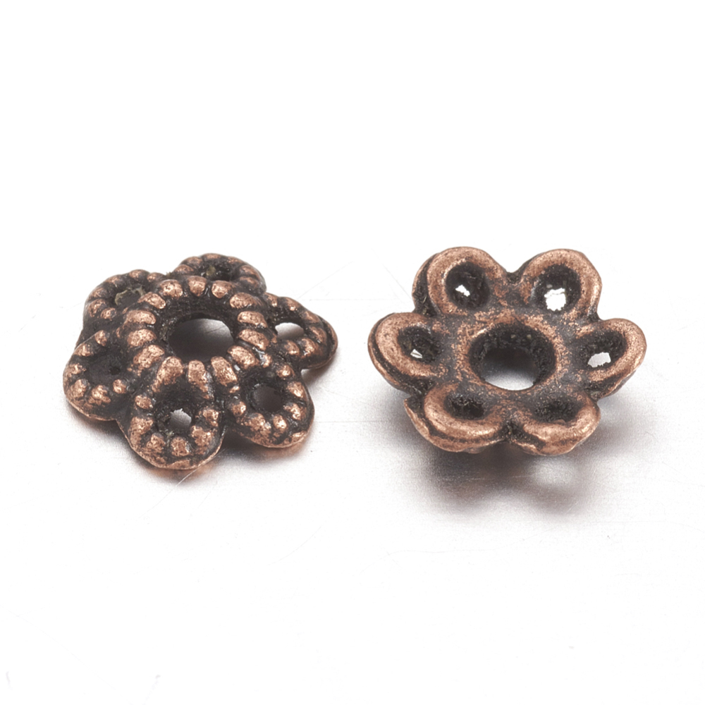 30 Blumen Perlkappen tibetischer Stil rot kupferfarben 6 x 1,5 mm