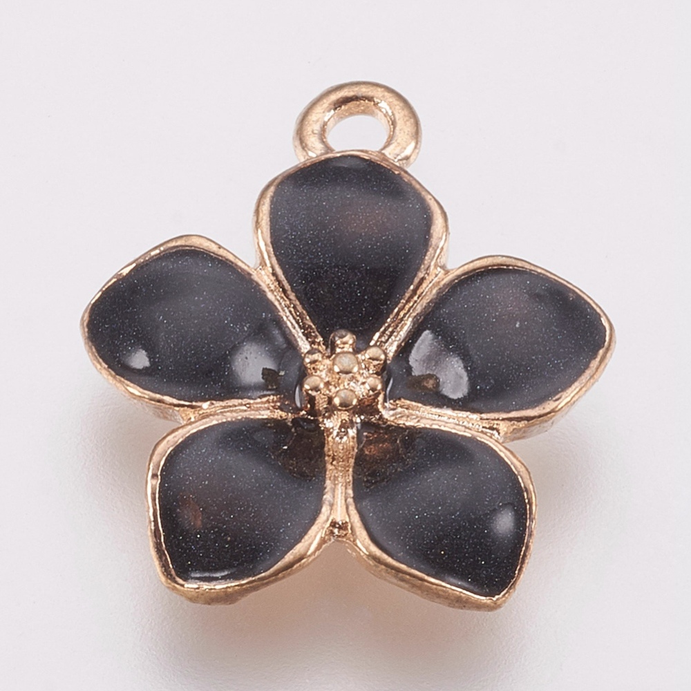 2 goldfarbene Blumen Charm Anhänger schwarz emailliert 16,5 x 14,5 x 2,5 mm