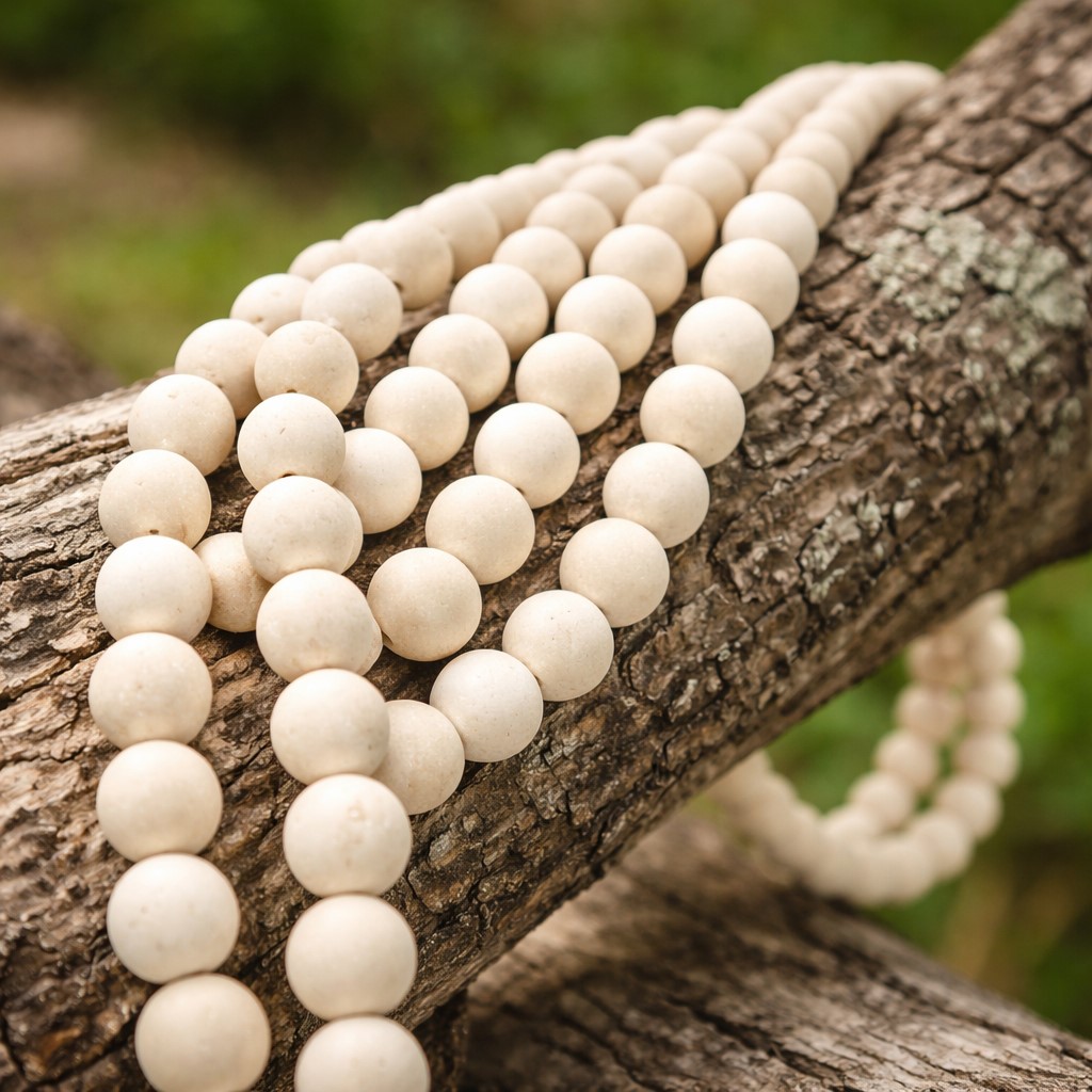 Matter fossiler Perlenstrang 6,3 - 6,6 mm (ca. 60 Perlen / ca. 39 cm Länge)