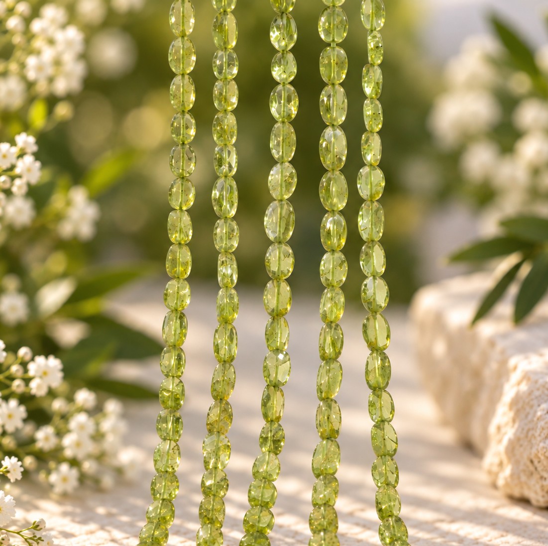 Peridot Perlenstrang unregelmäßige flache ovale Perlen 6,8 - 7,5 x 4 - 5 x 2 - 3 mm (ca. 34 cm Länge)