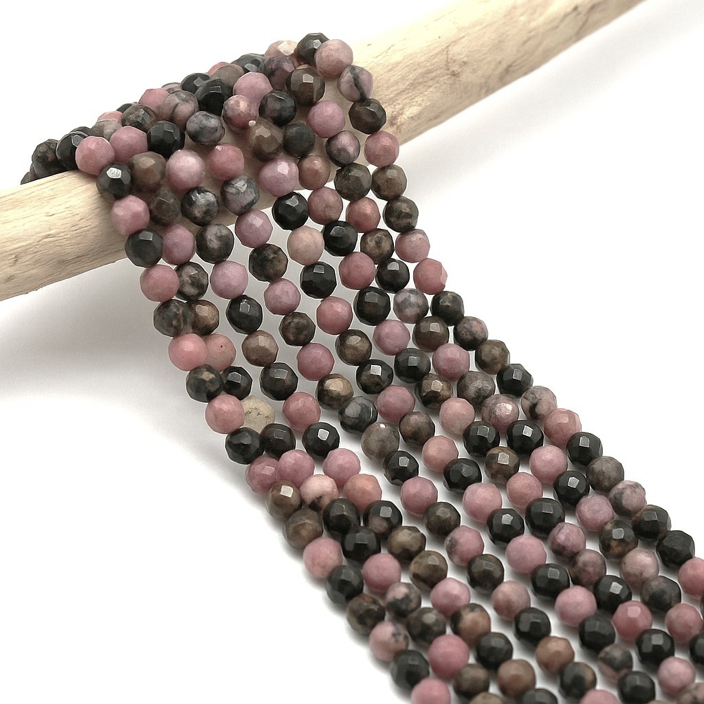 Natürlicher Rhodonit Perlenstrang facettiert 3 - 3,6 mm  (ca. 113 Perlen / ca. 38 cm Länge)