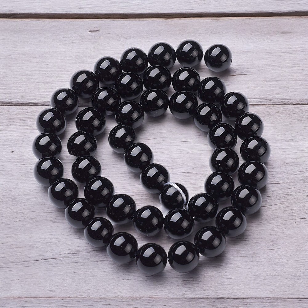 Natürlicher Obsidian Perlenstrang 8 mm rund glatt glänzend (ca. 49 Perlen / ca. 38 cm Länge)