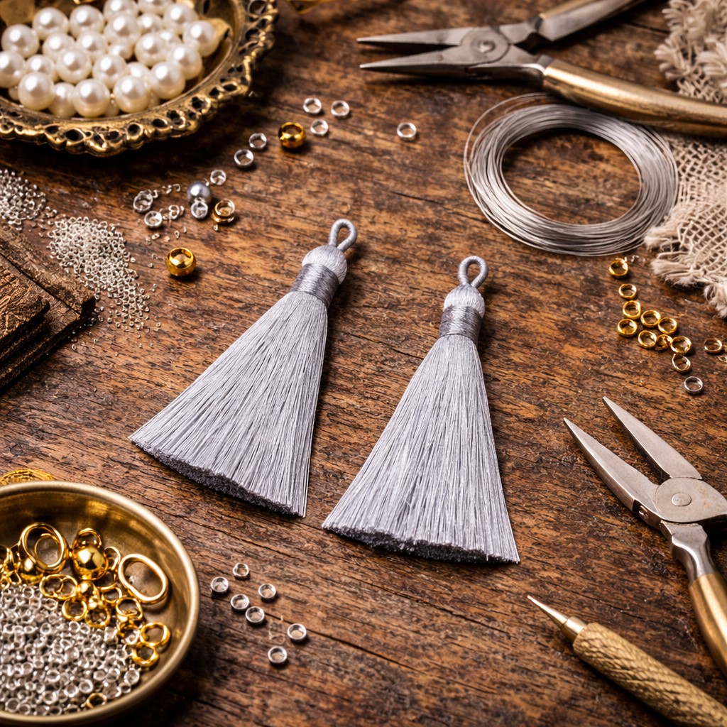 Hochwertige Polyester Quaste 80-90 x 8,5-9 mm grau - Textilquaste zum Schmuck basteln