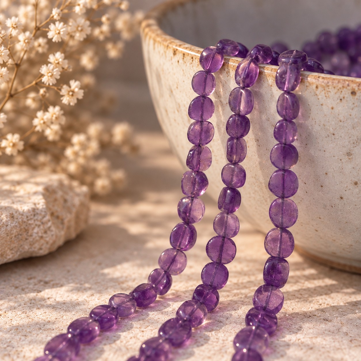 Amethyst Perlenstrang unregelmäßige flache Perlen 6 - 6,5 mm x 3 - 3,5 mm (ca. 32 cm Länge)