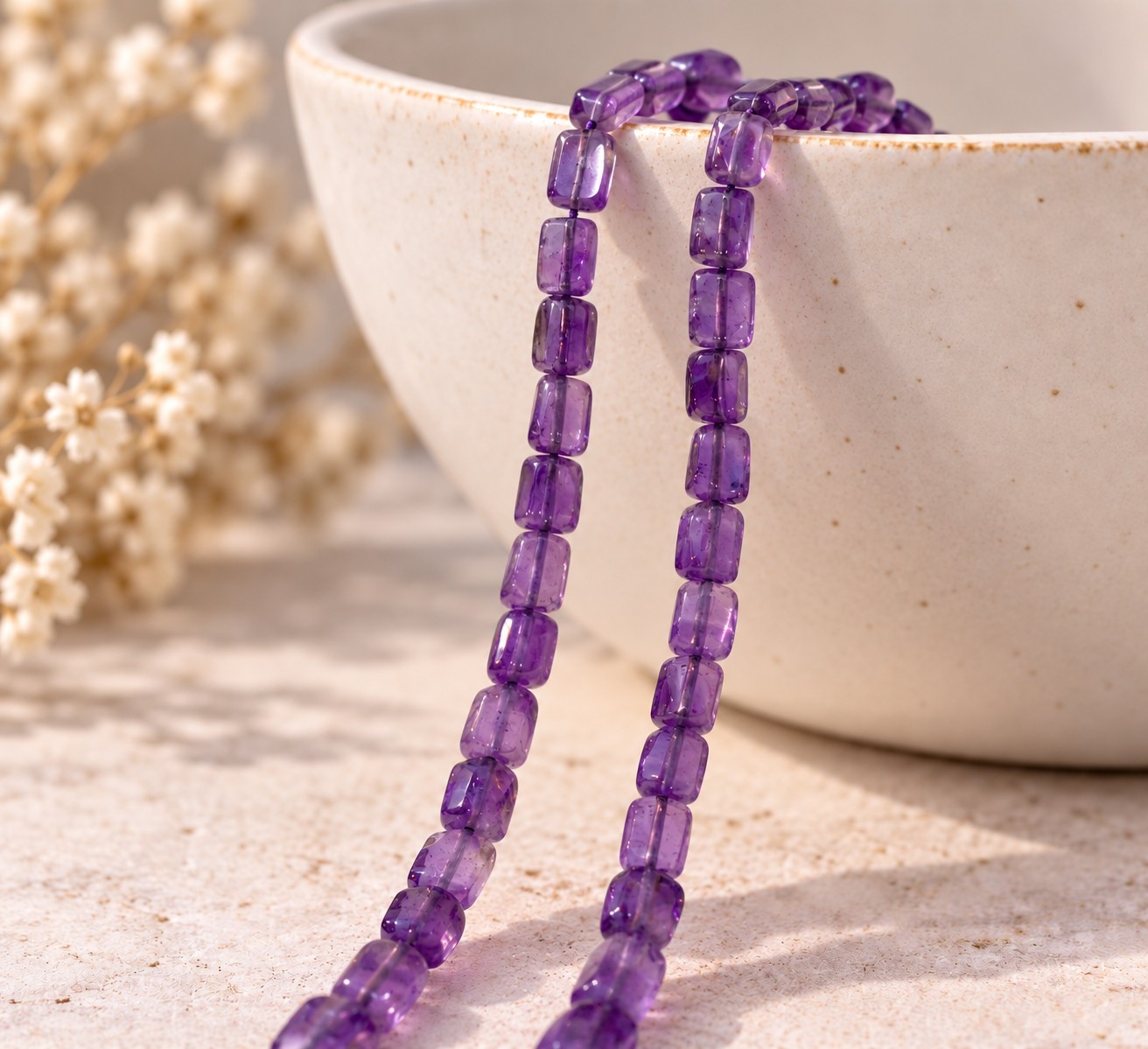 Amethyst Perlenstrang 5,4 - 6,4 x 4 - 4,5 x 2,5 - 3,5 unregelmäßige Rechtecke (ca. 33 cm Länge)