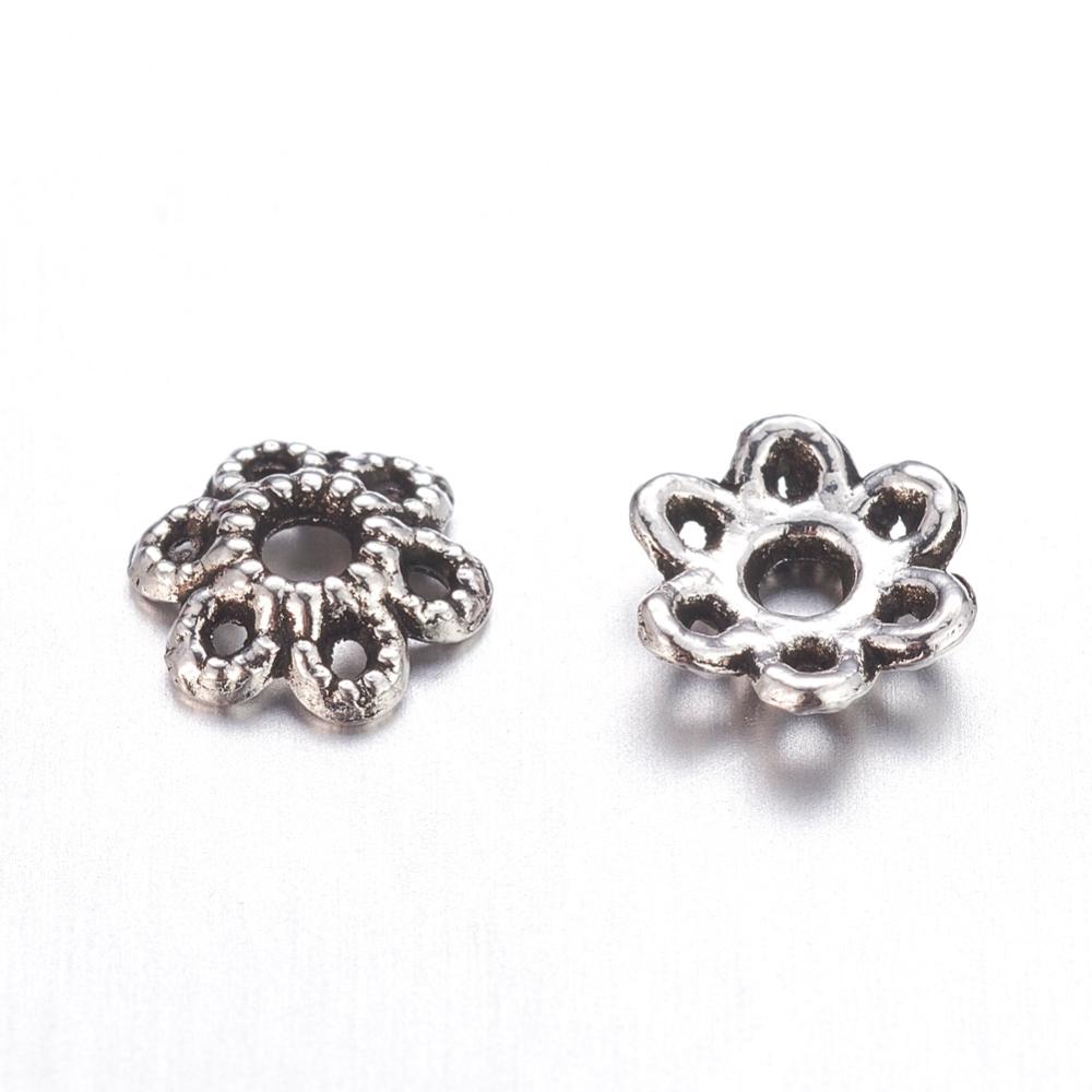 30 Blumen Perlkappen tibetischer Stil antik silberfarben 6 x 1,5 mm