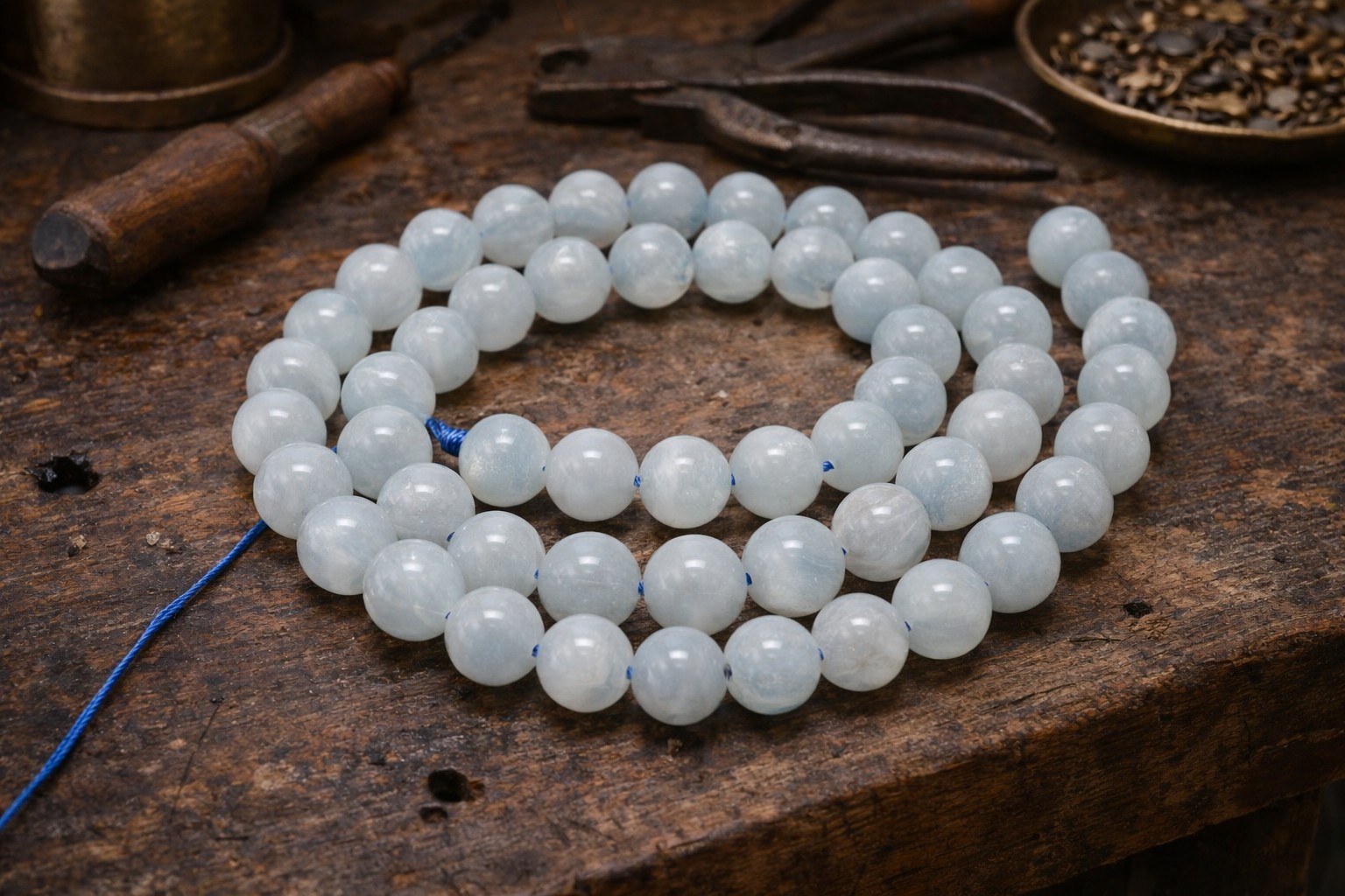 Natürlicher Aquamarin Perlenstrang 6,5 - 6,6 mm rund glatt glänzend (ca. 63 Perlen / ca. 40 cm Länge