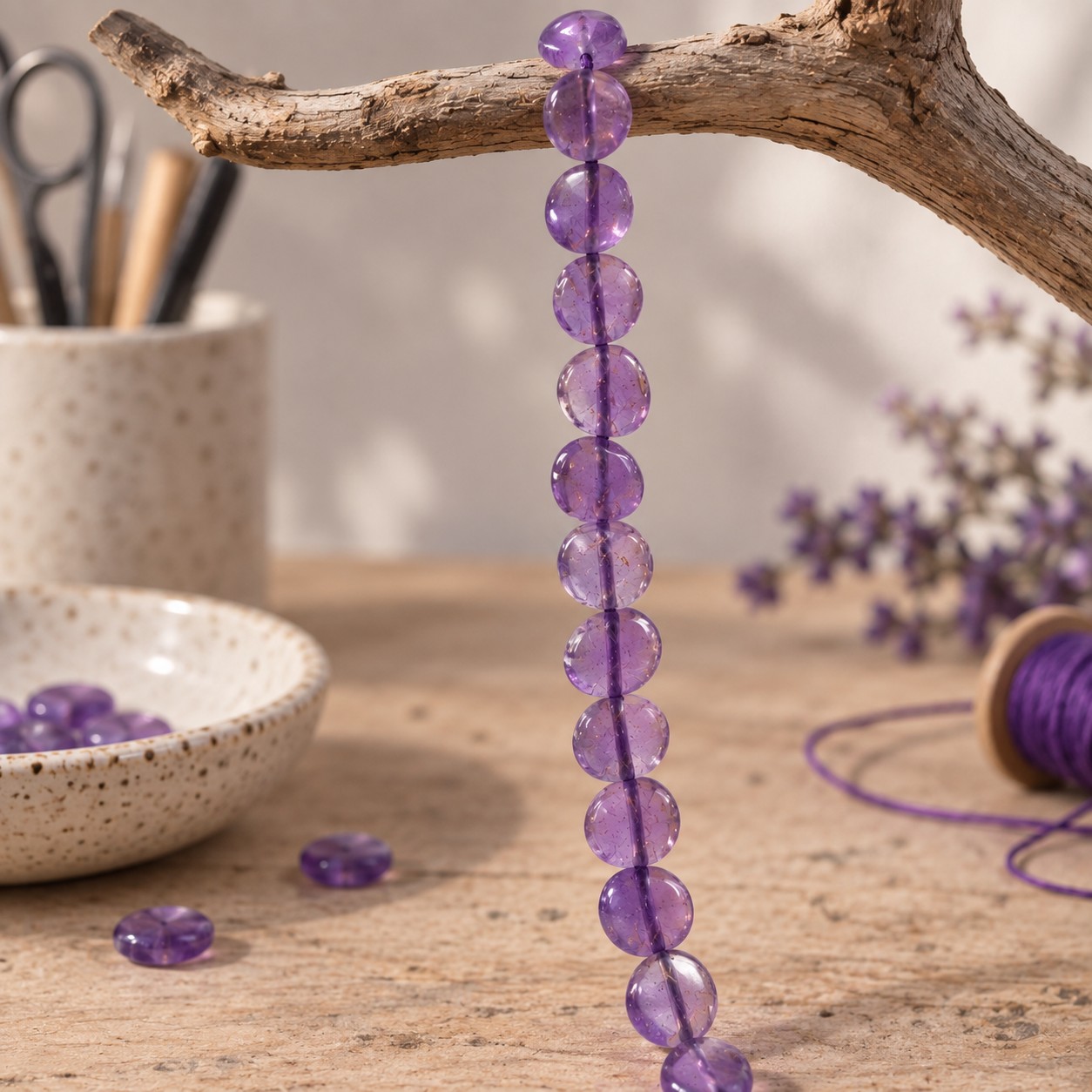 Amethyst Perlenstrang 5 - 5,5 x 3 - 3,3 mm unregelmäßige flache runde Perlen (ca. 32 cm Länge)