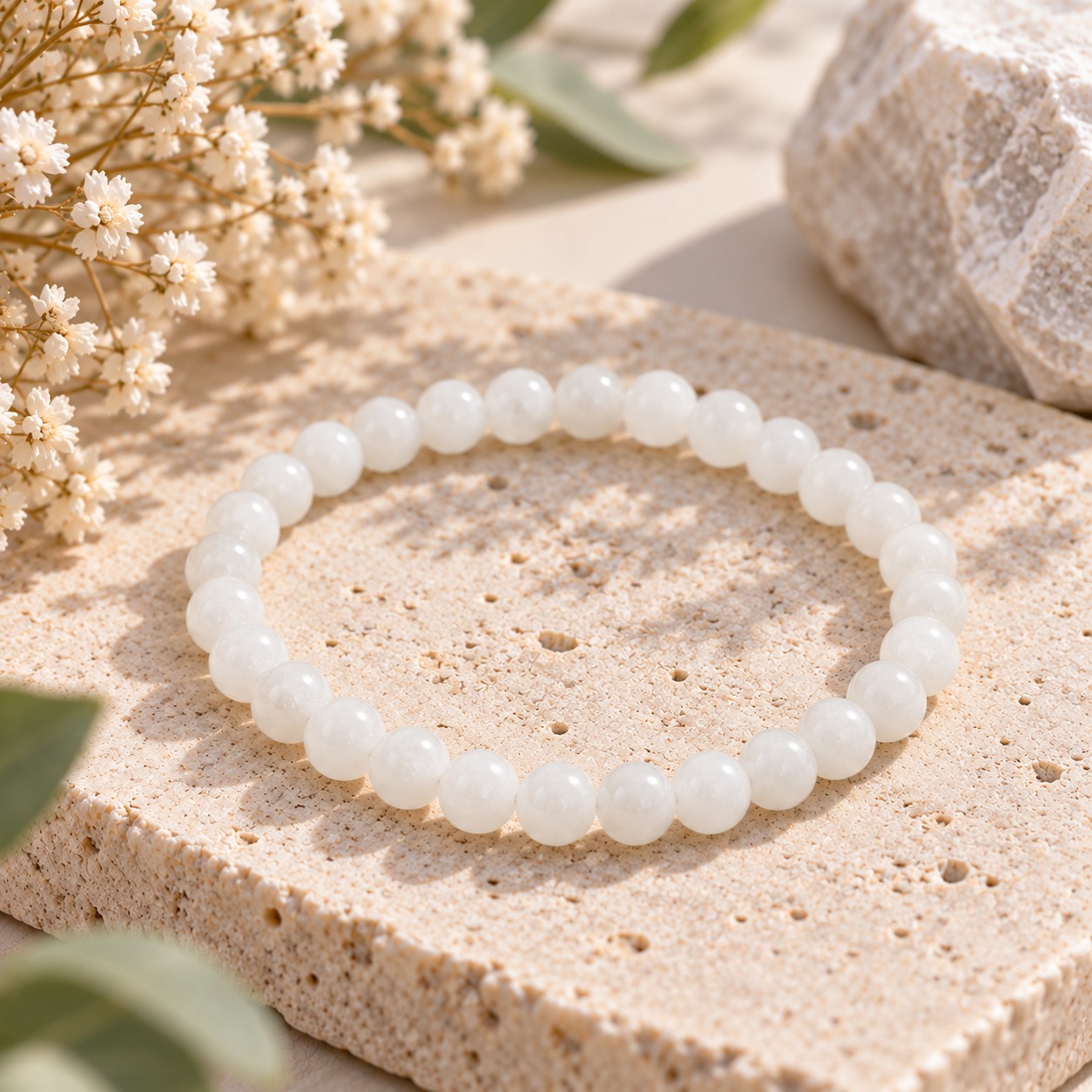 Handgefertigte weißes Jadeperlenarmband 6 - 6,5 mm Natursteinperlen in Schmuckschachtel