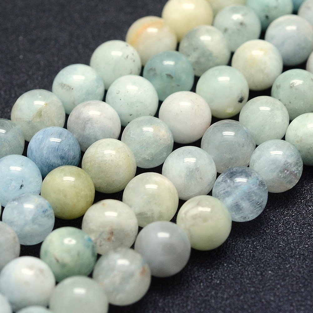 Natürlicher Aquamarin Perlenstrang 8 mm rund glatt glänzend (ca. 48 Perlen / ca. 39 cm Länge)