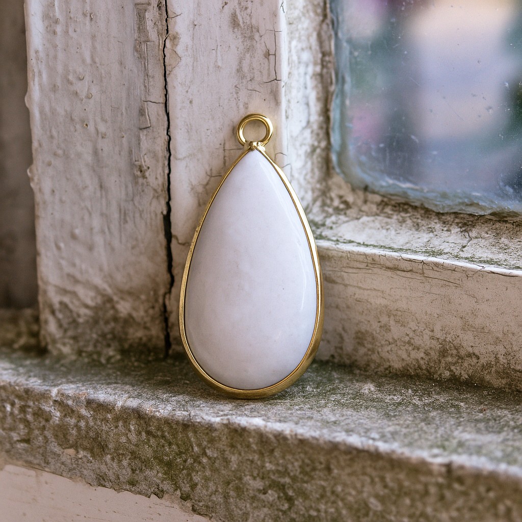 Weißer Jade Anhänger mit goldfarbener Metalleinfassung 33 x 16 x 6 mm