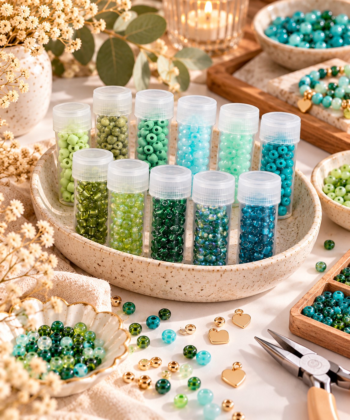 DIY Armband Bastelset - 12 Farben Glas Rocailles & elastisches Band