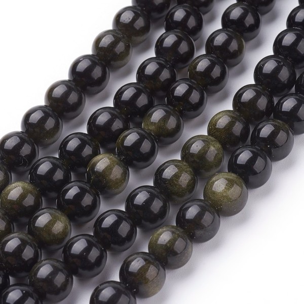 Natürlicher kurzer Halbstrang Goldschein Obsidian Perlenstrang 8 mm schwarz (ca. 24 Perlen / ca. 20