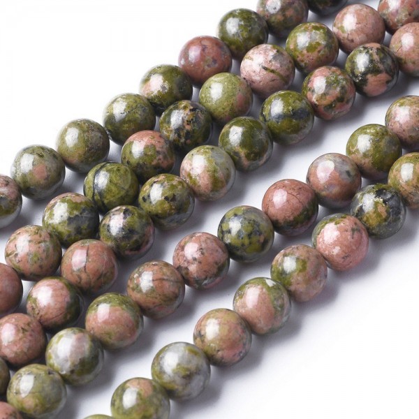Natürlicher Unakite Perlenstrang rund glatt glänzend 8 mm (ca. 45 Perlen / ca. 38 cm Länge)