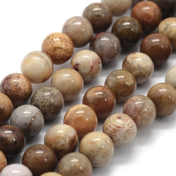Natürliche fossile Perlen 8 - 8,5 mm rund glatt glänzend (ca. 44 Perlen / ca. 37 cm Länge)