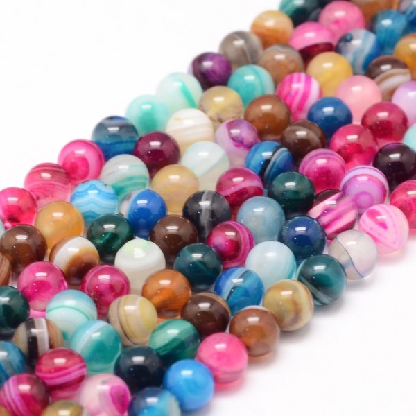 Bunter Bandachat Perlenstrang gefärbt 6 mm rund glatt glänzend (ca. 62 Perlen / ca. 37 cm Länge)