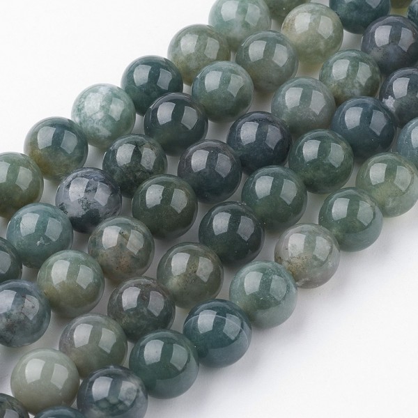 Natürlicher Moosachat Perlenstrang 8 - 8,5 mm rund glatt glänzend (ca. 45 Perlen / ca. 38 cm Länge)