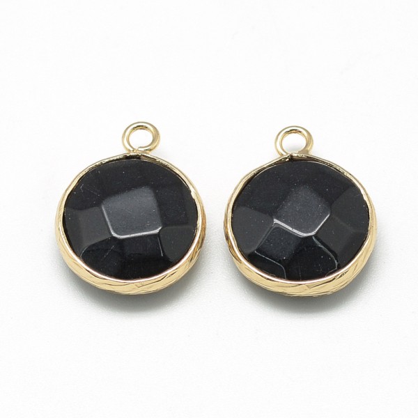 Natürlicher schwarzer Obsidian Anhänger Charm mit goldfarbener Metalleinfassung 19 x 15 x 6 mm