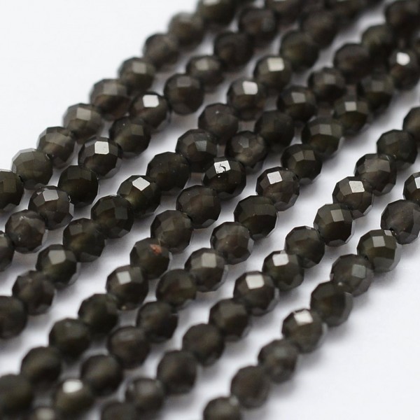 Natürlicher Obsidian Perlenstrang 2 - 2,2 mm facettiert (ca. 170 Perlen / ca. 38 cm Länge)