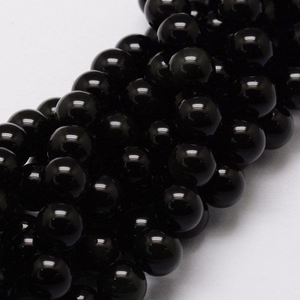 Natürlicher Obsidian Perlenstrang 8 mm rund glatt glänzend (ca. 46 Perlen / ca. 36,5 cm Länge)