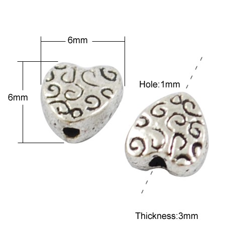 10 tibetische Perlen Herz antik silberfarben 6 x 6 x 3 mm