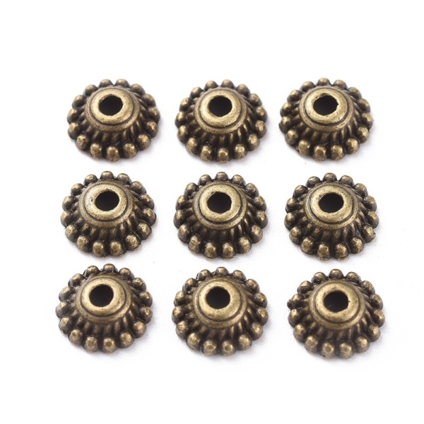 20 tibetische Perlkappen antik bronzefarben 8 mm Durchmesser geeignet für 6 - 8 mm Perlen