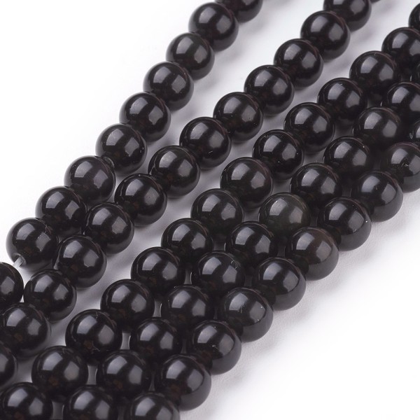 Natürlicher Obsidian Perlenstrang 6 mm rund glatt glänzend (ca. 59 Perlen / ca. 37 cm Länge)
