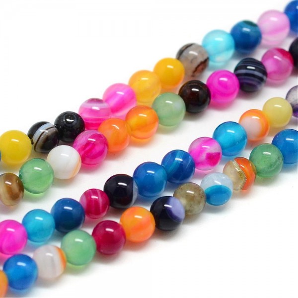 Bunter Bandachat Perlenstrang gefärbt 6 mm rund glatt glänzend (ca. 62 Perlen / ca. 37 cm Länge)-Cop