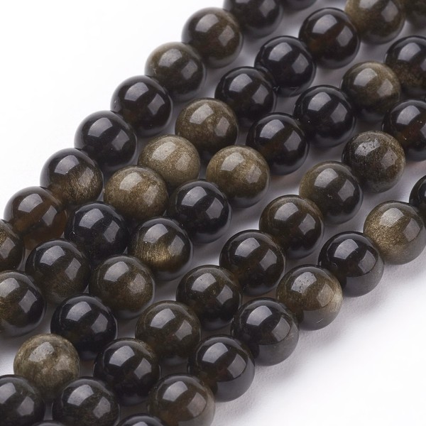 Natürlicher kurzer Halbstrang Goldschein Obsidian Perlen 6 - 6,4 mm rund glatt glänzend (ca. 31 Perl