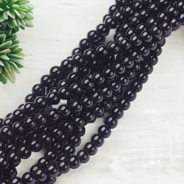 Natürlicher schwarzer Onyx Perlenstrang 6 mm rund glatt glänzend (ca. 62 Perlen / ca.37 cm Län